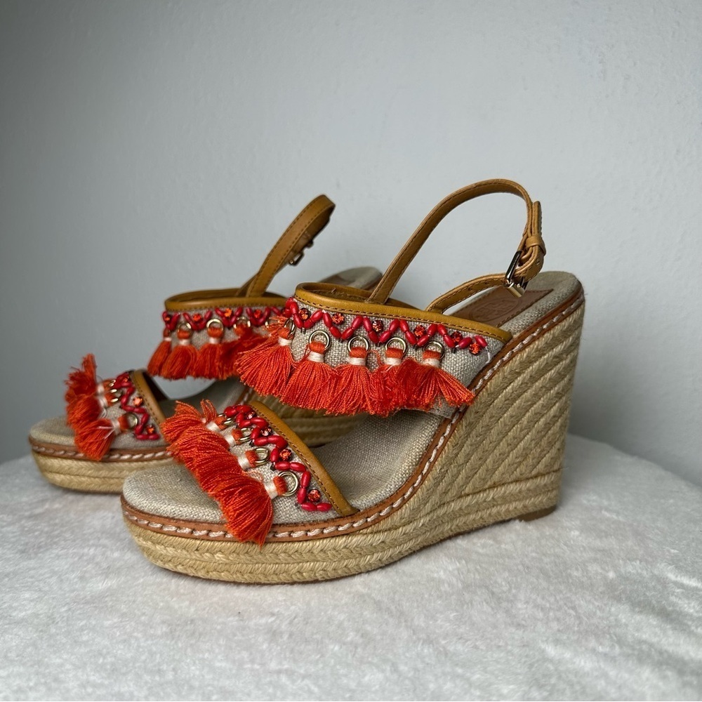 Tory Burch Women's 7M Vibrant Orange and Tan Espadrille Wedges Sandals Boho - Picture 4 of 15